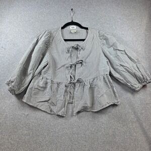 A New Day Womens XS Striped Tie Front Peplum Blouse Puff Sleeve Black White